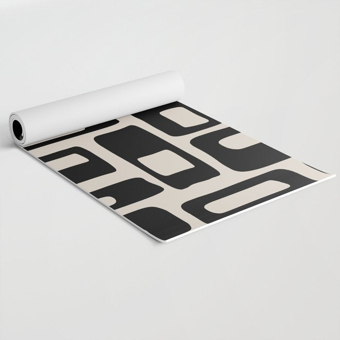 Retro Mid Century Modern Abstract Pattern 735 Black and Linen White Yoga Mat Gallery Image 2