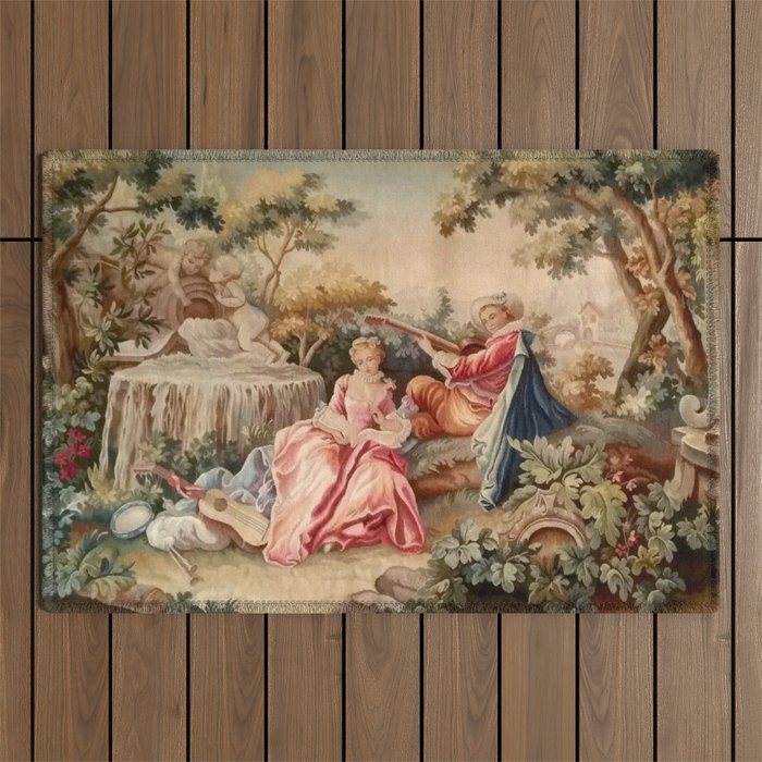 Antique 19th Century French Aubusson Gallant Courtship Romantic Tapestry Outdoor Rug Gallery Image 1