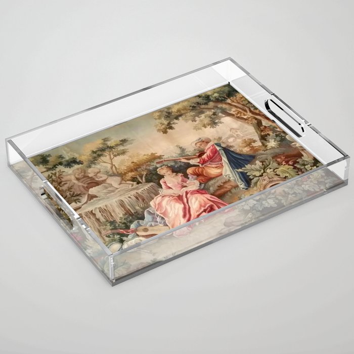 Antique 19th Century French Aubusson Gallant Courtship Romantic Tapestry Acrylic Tray Gallery Image 1