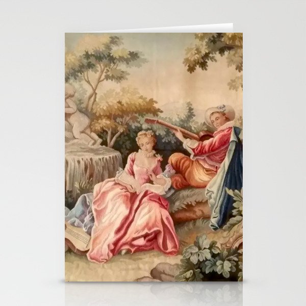 Antique 19th Century French Aubusson Gallant Courtship Romantic Tapestry Stationery Card Gallery Image 2