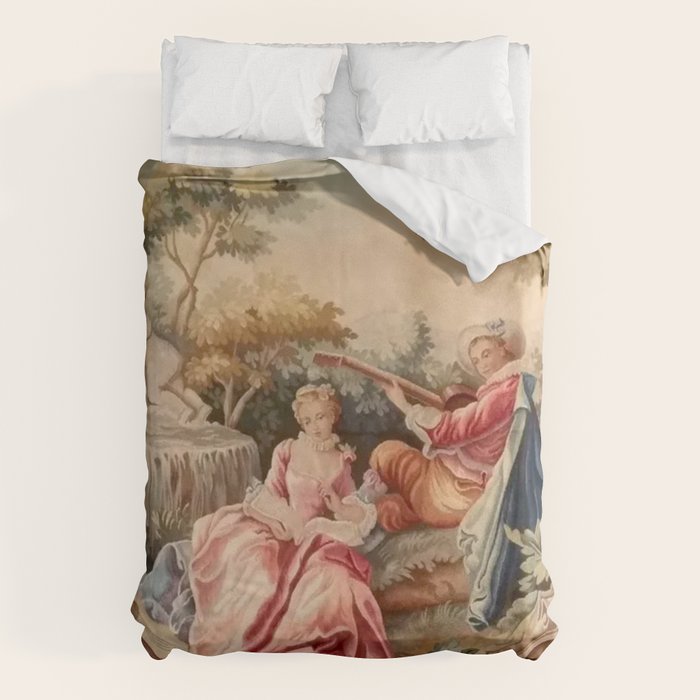 Antique 19th Century French Aubusson Gallant Courtship Romantic Tapestry Duvet Cover Gallery Image 1