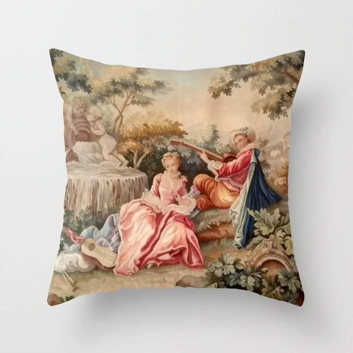 Antique 19th Century French Aubusson Gallant Courtship Romantic Tapestry Throw Pillow Gallery Image 1
