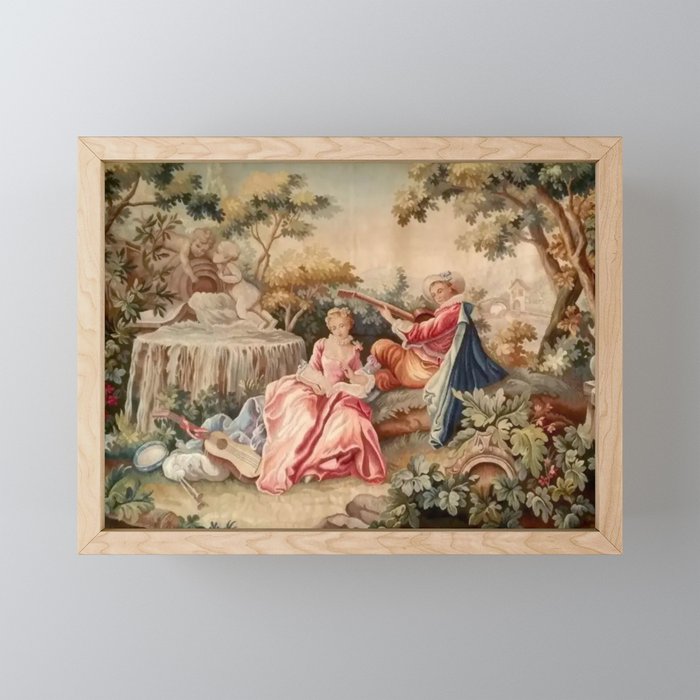 Antique 19th Century French Aubusson Gallant Courtship Romantic Tapestry Mini Art Print Gallery Image 1