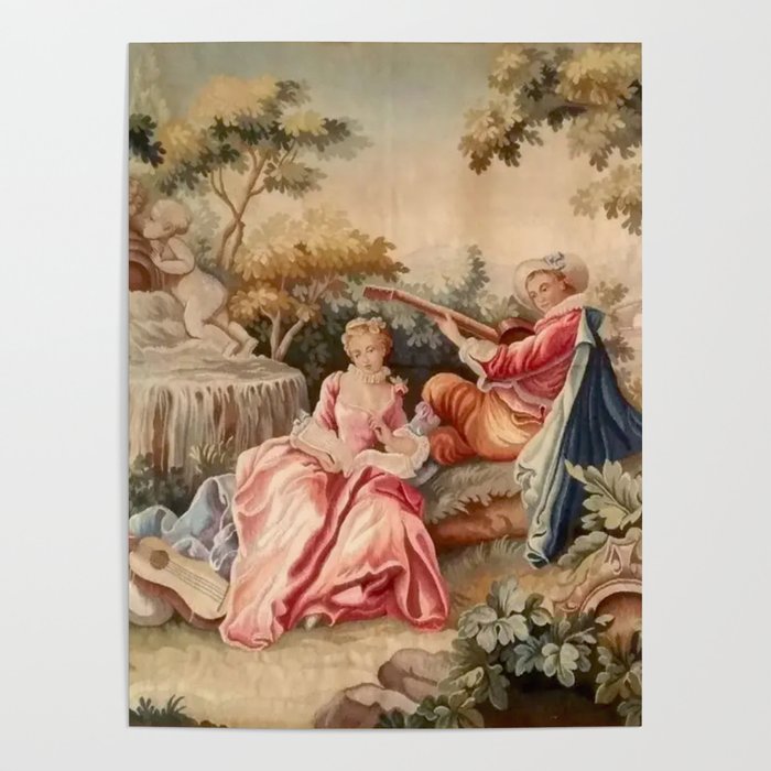 Antique 19th Century French Aubusson Gallant Courtship Romantic Tapestry Poster Gallery Image 4