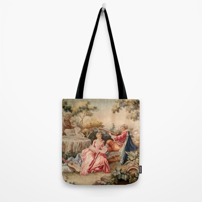 Antique 19th Century French Aubusson Gallant Courtship Romantic Tapestry Tote Bag Gallery Image 2