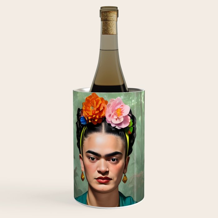 Frida Kahlo, Modern Bohemian Painting Eclectic Woman, Colorful Tropical Historic Artist, Portrait Jungle Boho Mob Wife Concept Wine Chiller Gallery Image 1