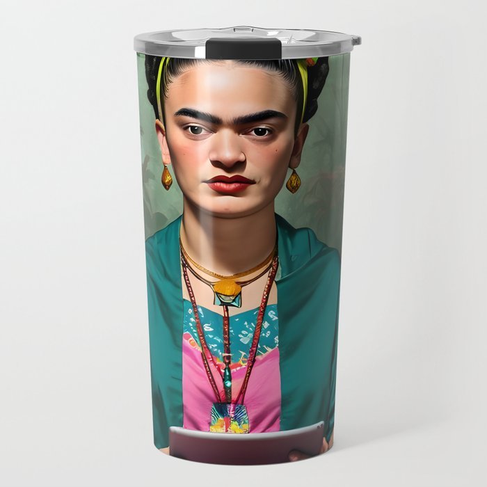 Frida Kahlo, Modern Bohemian Painting Eclectic Woman, Colorful Tropical Historic Artist, Portrait Jungle Boho Mob Wife Concept Travel Mug Gallery Image 1