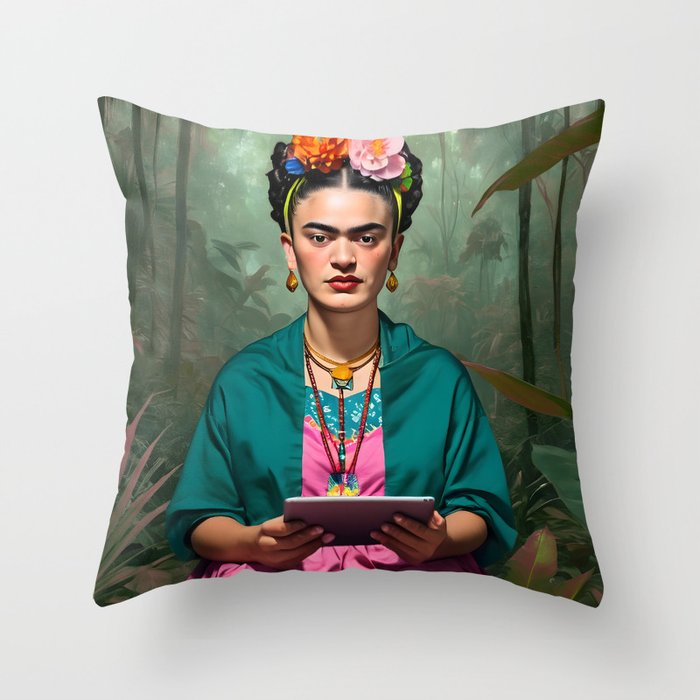 Frida Kahlo, Modern Bohemian Painting Eclectic Woman, Colorful Tropical Historic Artist, Portrait Jungle Boho Mob Wife Concept Throw Pillow Gallery Image 6