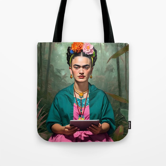 Frida Kahlo, Modern Bohemian Painting Eclectic Woman, Colorful Tropical Historic Artist, Portrait Jungle Boho Mob Wife Concept Tote Bag Gallery Image 1