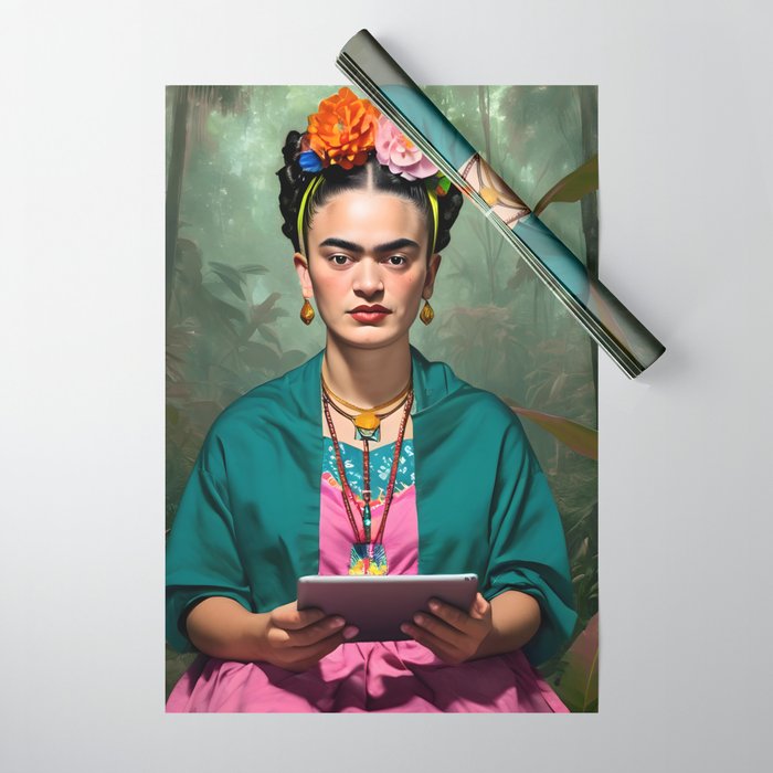 Frida Kahlo, Modern Bohemian Painting Eclectic Woman, Colorful Tropical Historic Artist, Portrait Jungle Boho Mob Wife Concept Wrapping Paper Gallery Image 1