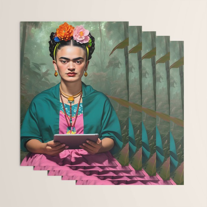 Frida Kahlo, Modern Bohemian Painting Eclectic Woman, Colorful Tropical Historic Artist, Portrait Jungle Boho Mob Wife Concept Wrapping Paper Gallery Image 3