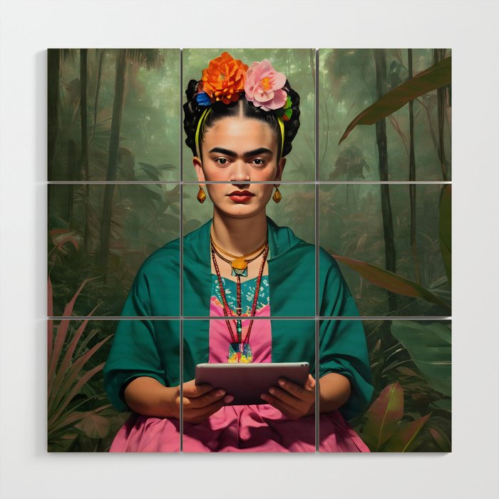 Frida Kahlo, Modern Bohemian Painting Eclectic Woman, Colorful Tropical Historic Artist, Portrait Jungle Boho Mob Wife Concept Wood Wall Art Gallery Image 1