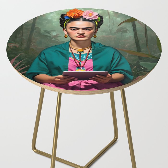 Frida Kahlo, Modern Bohemian Painting Eclectic Woman, Colorful Tropical Historic Artist, Portrait Jungle Boho Mob Wife Concept Side Table Gallery Image 2