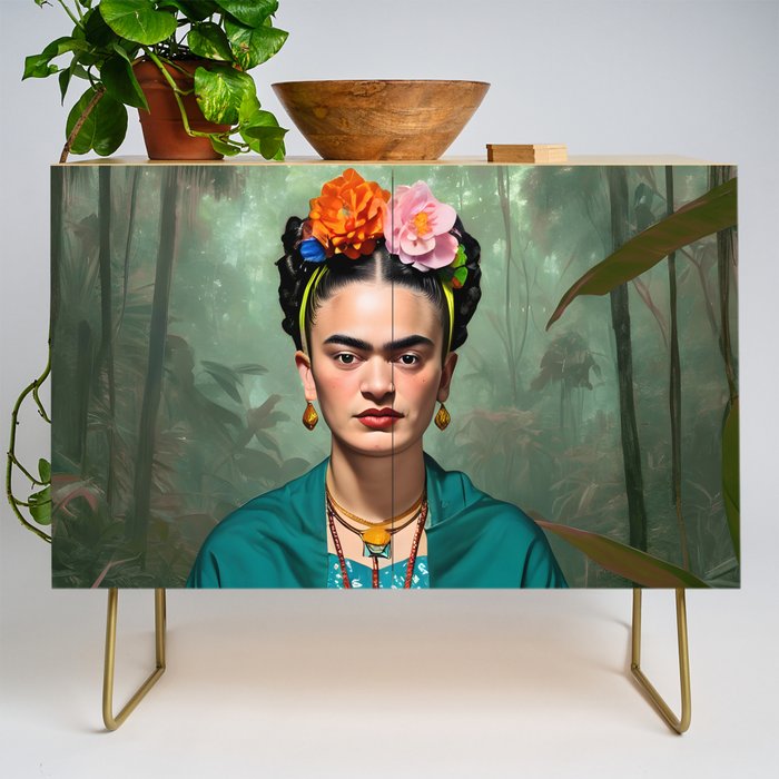 Frida Kahlo, Modern Bohemian Painting Eclectic Woman, Colorful Tropical Historic Artist, Portrait Jungle Boho Mob Wife Concept Credenza Gallery Image 1