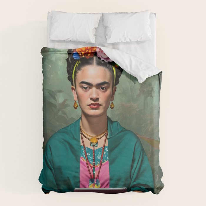 Frida Kahlo, Modern Bohemian Painting Eclectic Woman, Colorful Tropical Historic Artist, Portrait Jungle Boho Mob Wife Concept Duvet Cover Gallery Image 1
