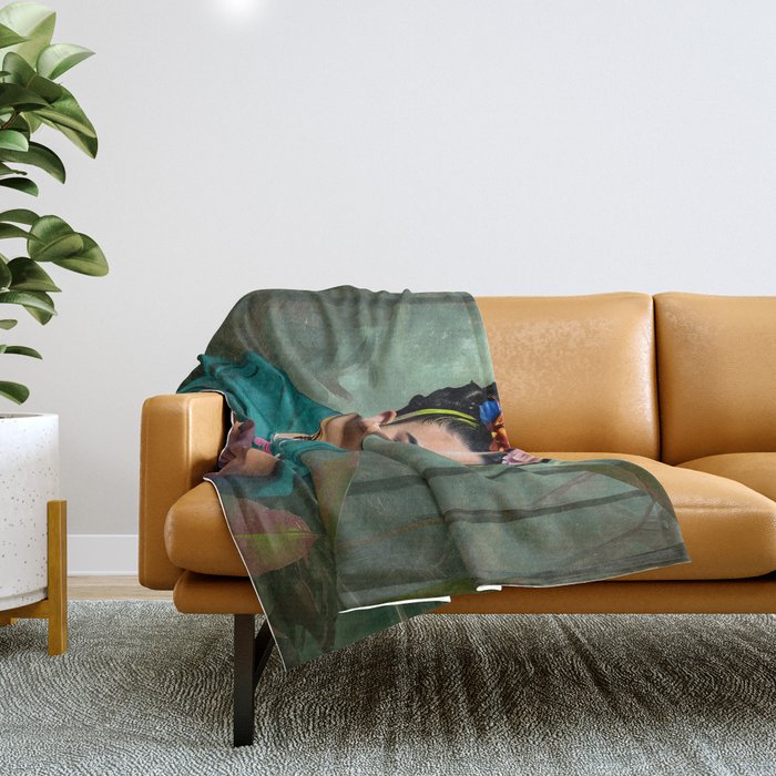 Frida Kahlo, Modern Bohemian Painting Eclectic Woman, Colorful Tropical Historic Artist, Portrait Jungle Boho Mob Wife Concept Throw Blanket Gallery Image 1
