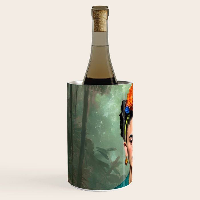 Frida Kahlo, Modern Bohemian Painting Eclectic Woman, Colorful Tropical Historic Artist, Portrait Jungle Boho Mob Wife Concept Wine Chiller Gallery Image 2