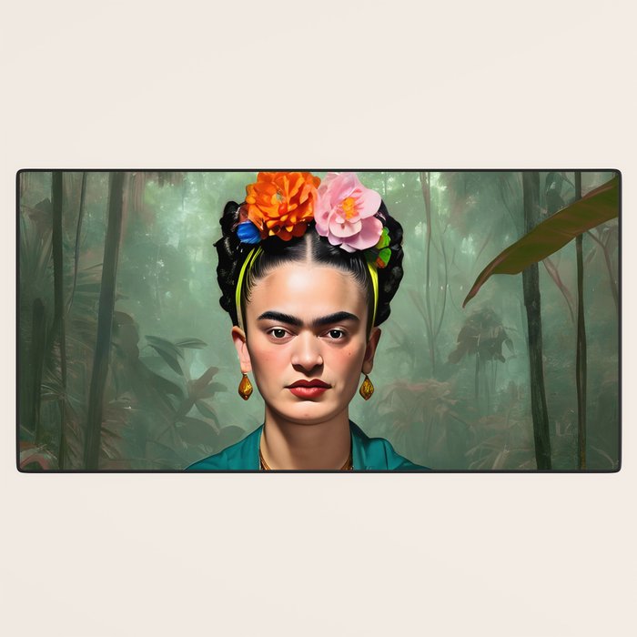 Frida Kahlo, Modern Bohemian Painting Eclectic Woman, Colorful Tropical Historic Artist, Portrait Jungle Boho Mob Wife Concept Desk Mat Gallery Image 3