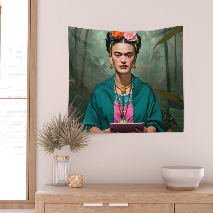 Frida Kahlo, Modern Bohemian Painting Eclectic Woman, Colorful Tropical Historic Artist, Portrait Jungle Boho Mob Wife Concept Wall Tapestry Gallery Image 2