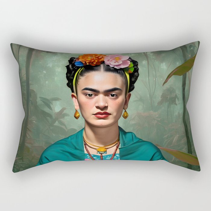 Frida Kahlo, Modern Bohemian Painting Eclectic Woman, Colorful Tropical Historic Artist, Portrait Jungle Boho Mob Wife Concept Rectangular Pillow Gallery Image 1