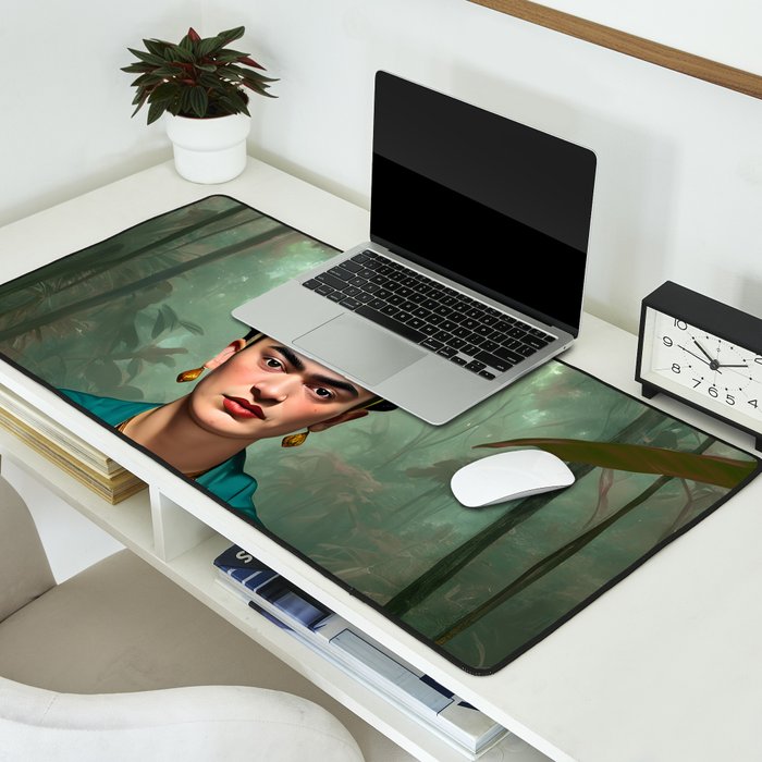 Frida Kahlo, Modern Bohemian Painting Eclectic Woman, Colorful Tropical Historic Artist, Portrait Jungle Boho Mob Wife Concept Desk Mat Gallery Image 2