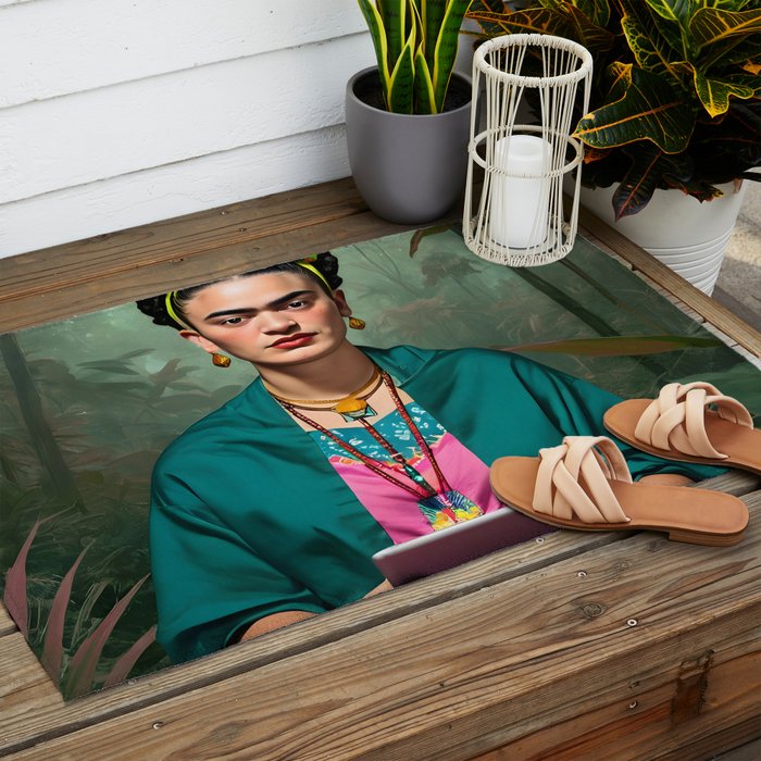Frida Kahlo, Modern Bohemian Painting Eclectic Woman, Colorful Tropical Historic Artist, Portrait Jungle Boho Mob Wife Concept Outdoor Rug Gallery Image 2