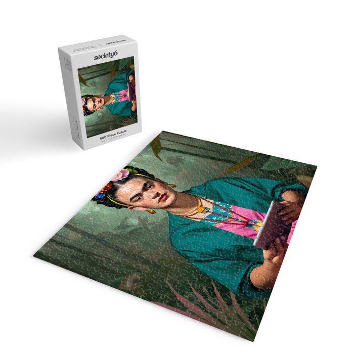 Frida Kahlo, Modern Bohemian Painting Eclectic Woman, Colorful Tropical Historic Artist, Portrait Jungle Boho Mob Wife Concept Jigsaw Puzzle Gallery Image 2