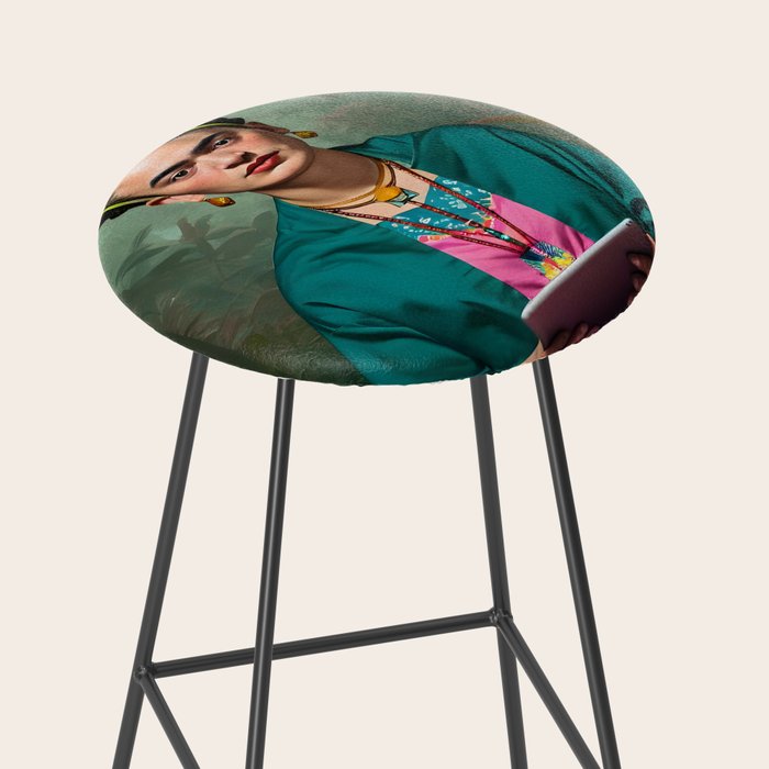 Frida Kahlo, Modern Bohemian Painting Eclectic Woman, Colorful Tropical Historic Artist, Portrait Jungle Boho Mob Wife Concept Stool Gallery Image 2