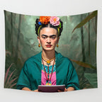 Frida Kahlo, Modern Bohemian Painting Eclectic Woman, Colorful Tropical Historic Artist, Portrait Jungle Boho Mob Wife Concept Wall Tapestry Gallery Image 4