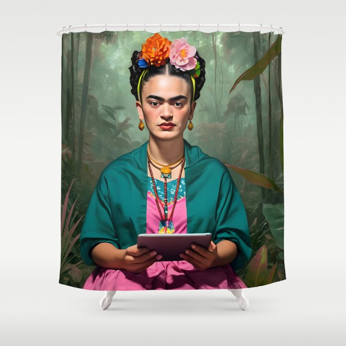 Frida Kahlo, Modern Bohemian Painting Eclectic Woman, Colorful Tropical Historic Artist, Portrait Jungle Boho Mob Wife Concept Shower Curtain Gallery Image 1