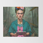 Frida Kahlo, Modern Bohemian Painting Eclectic Woman, Colorful Tropical Historic Artist, Portrait Jungle Boho Mob Wife Concept Throw Blanket Gallery Image 2