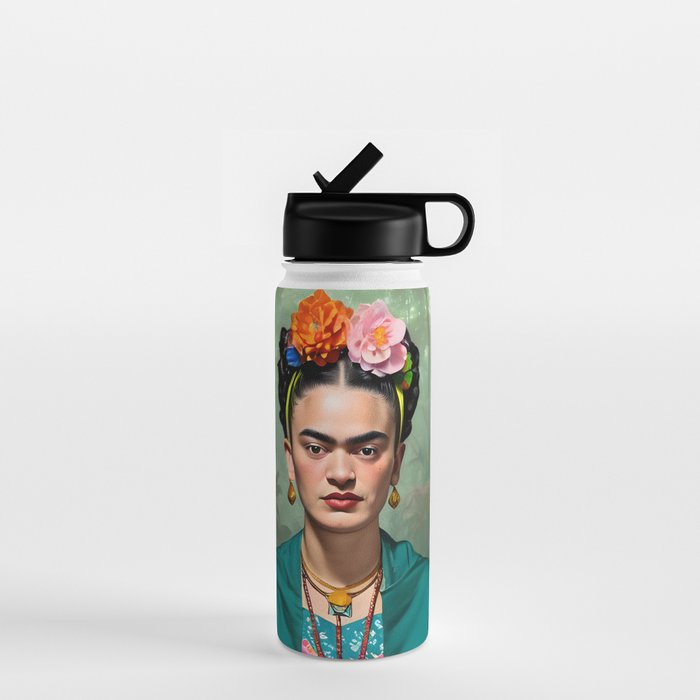 Frida Kahlo, Modern Bohemian Painting Eclectic Woman, Colorful Tropical Historic Artist, Portrait Jungle Boho Mob Wife Concept Water Bottle Gallery Image 1