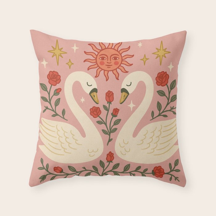 Folk Swan Love -  Whimsical Swans with Roses, Sun, and Stars on Pink Throw Pillow Gallery Image 1