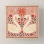 Folk Swan Love -  Whimsical Swans with Roses, Sun, and Stars on Pink Mini Art Print Gallery Image 1