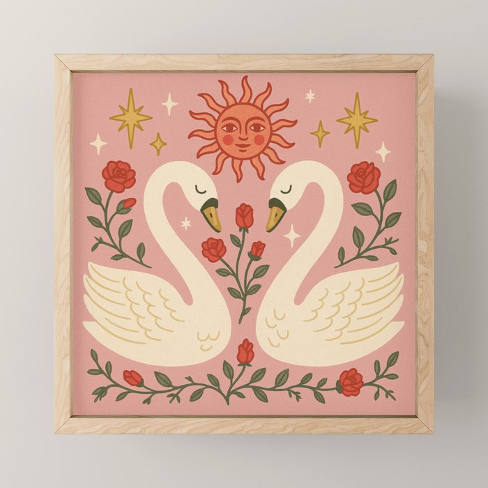 Folk Swan Love -  Whimsical Swans with Roses, Sun, and Stars on Pink Mini Art Print Gallery Image 1