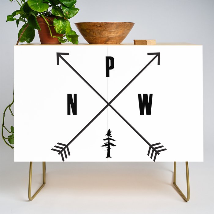 PNW Pacific Northwest Compass - Black on White Minimal Credenza Gallery Image 1