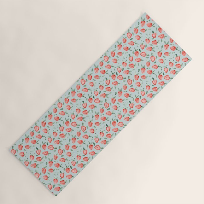 Watercolor painting of tropical strawberries on light greenish blue pattern Yoga Mat Gallery Image 1