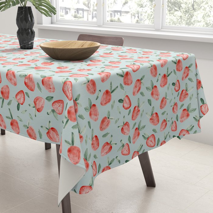Watercolor painting of tropical strawberries on light greenish blue pattern Tablecloth Gallery Image 3