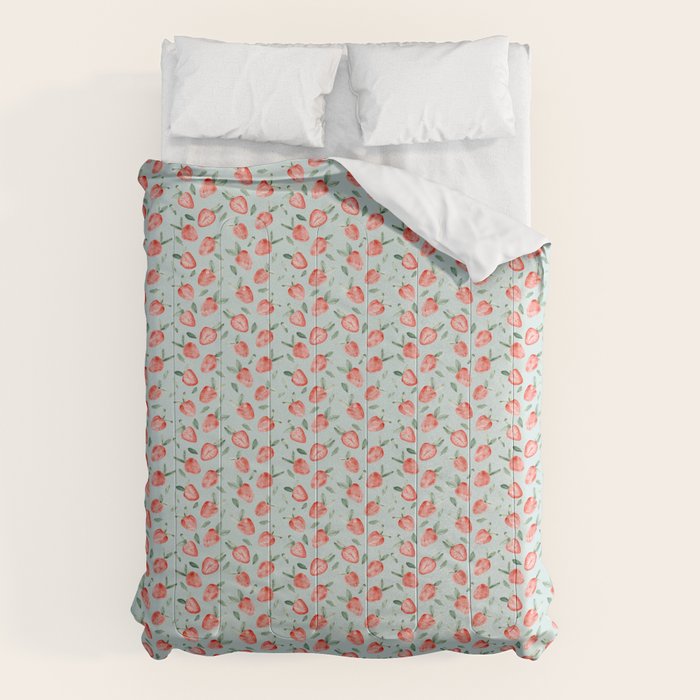 Watercolor painting of tropical strawberries on light greenish blue pattern Comforter Gallery Image 6
