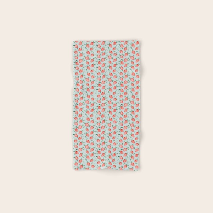 Watercolor painting of tropical strawberries on light greenish blue pattern Bath Towel Gallery Image 1