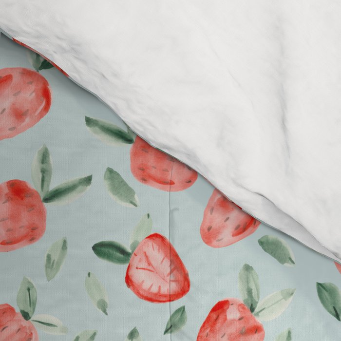 Watercolor painting of tropical strawberries on light greenish blue pattern Comforter Gallery Image 4