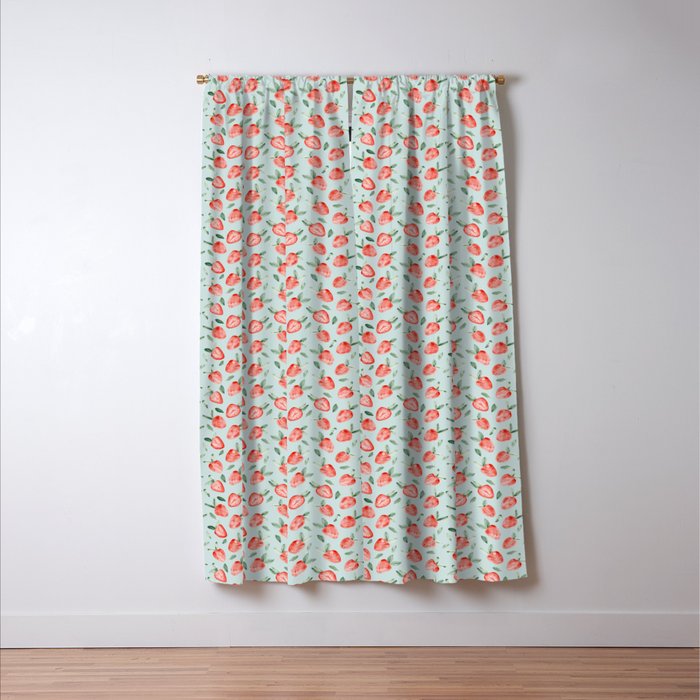 Watercolor painting of tropical strawberries on light greenish blue pattern Window Curtain Gallery Image 3