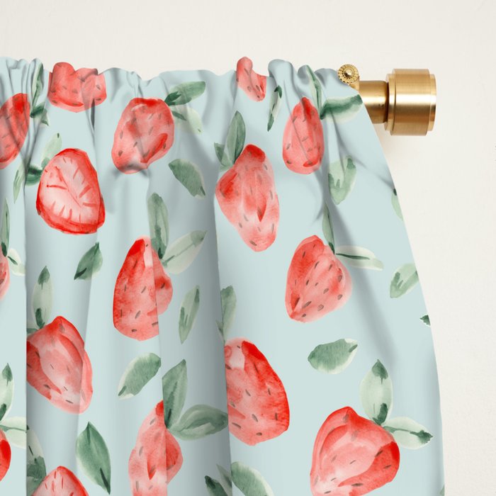 Watercolor painting of tropical strawberries on light greenish blue pattern Window Curtain Gallery Image 2