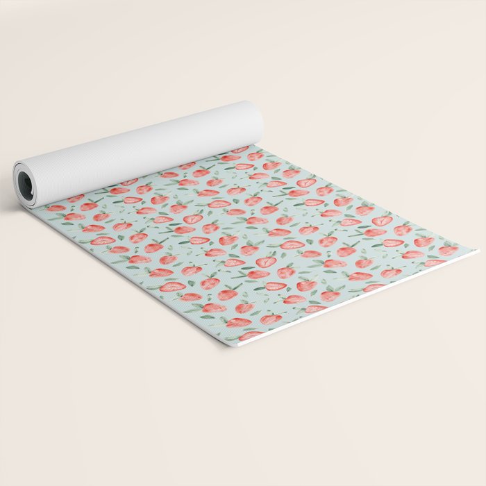 Watercolor painting of tropical strawberries on light greenish blue pattern Yoga Mat Gallery Image 2