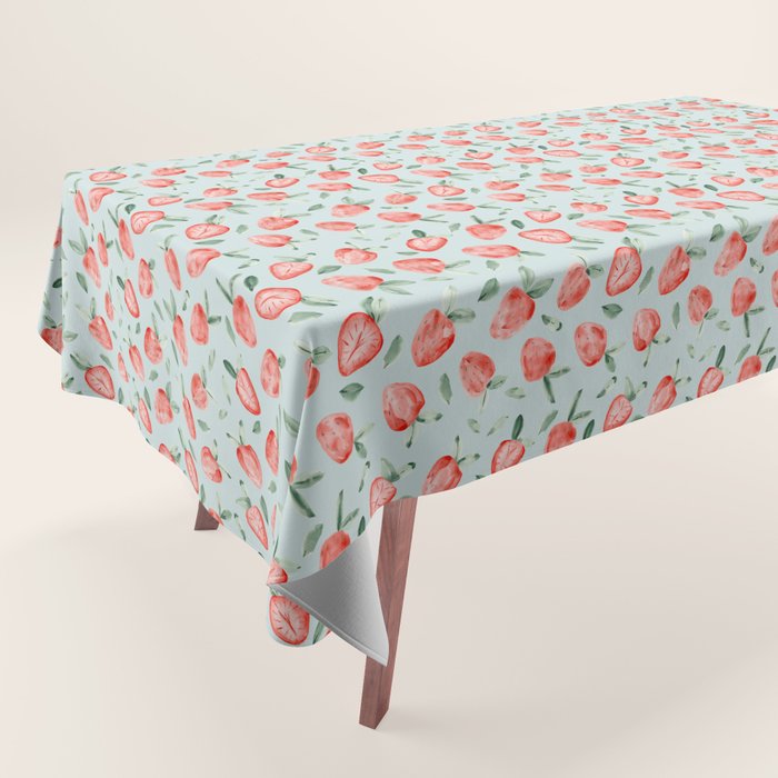 Watercolor painting of tropical strawberries on light greenish blue pattern Tablecloth Gallery Image 1