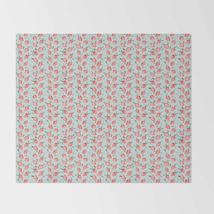 Watercolor painting of tropical strawberries on light greenish blue pattern Throw Blanket Gallery Image 2