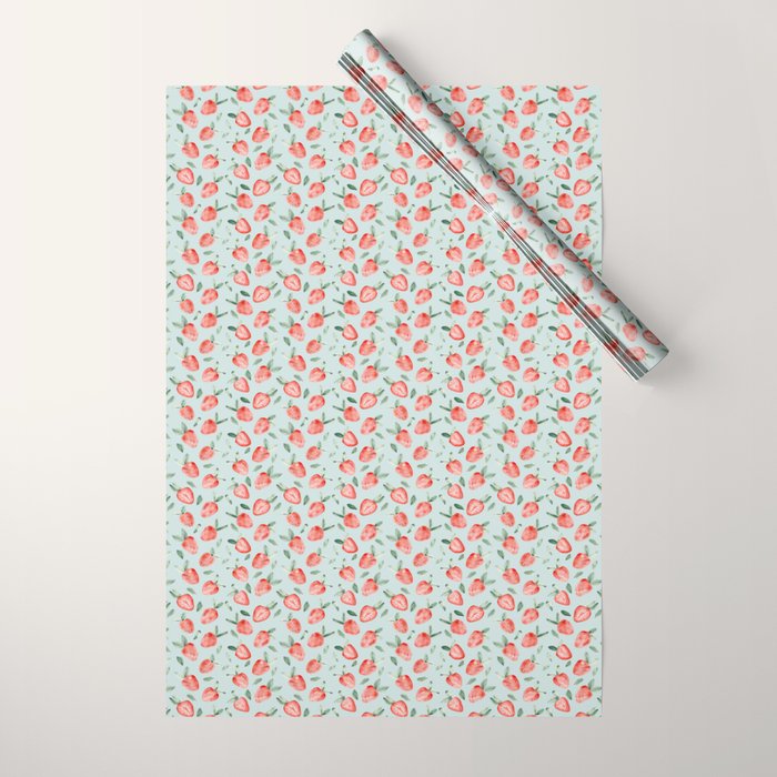 Watercolor painting of tropical strawberries on light greenish blue pattern Wrapping Paper Gallery Image 1
