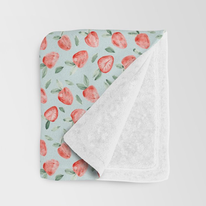 Watercolor painting of tropical strawberries on light greenish blue pattern Throw Blanket Gallery Image 3