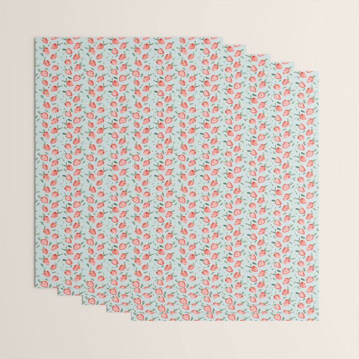 Watercolor painting of tropical strawberries on light greenish blue pattern Wrapping Paper Gallery Image 3