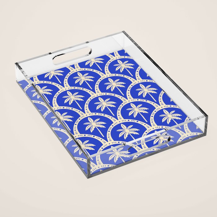 Vintage blue summer palm tree art pattern Acrylic Tray Gallery Image 1